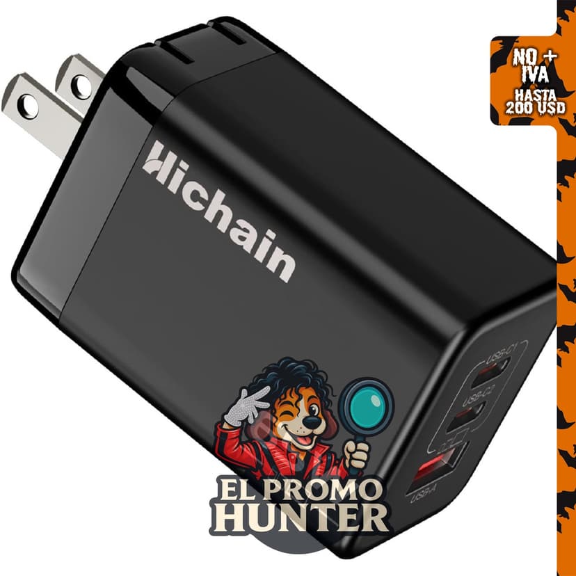 Hichain Cargador rápido USB C de 65 W, adaptador de viaje con 3 puertos.