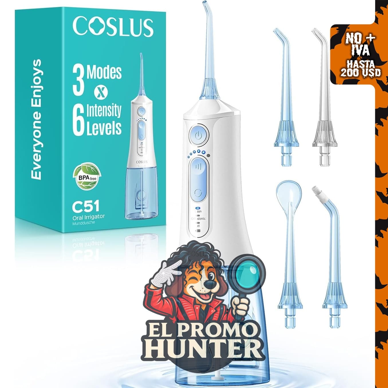 COSLUS Hilo dental de agua C51, aceptado por ADA, con 3 modos y 6 niveles de presión.