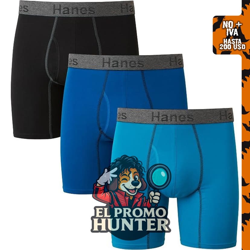 Calzoncillos Hanes para Hombre Tipo Bóxer de Pierna Larga, paquete de 3, fabricados en algodón elástico.