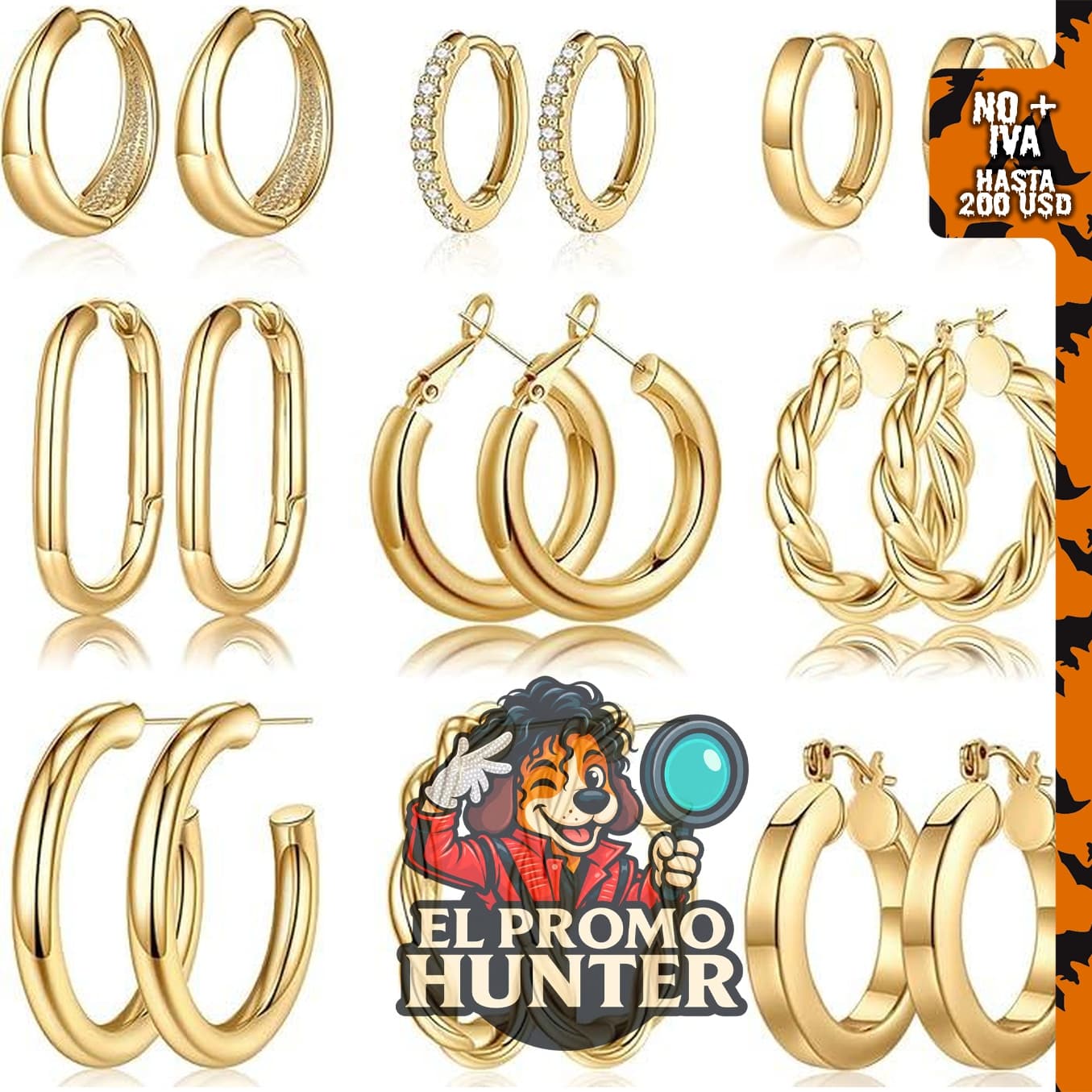 9 pares de arracadas de oro para mujer, chapadas en oro real de 14 quilates, hipoalergénicas y ligeras.