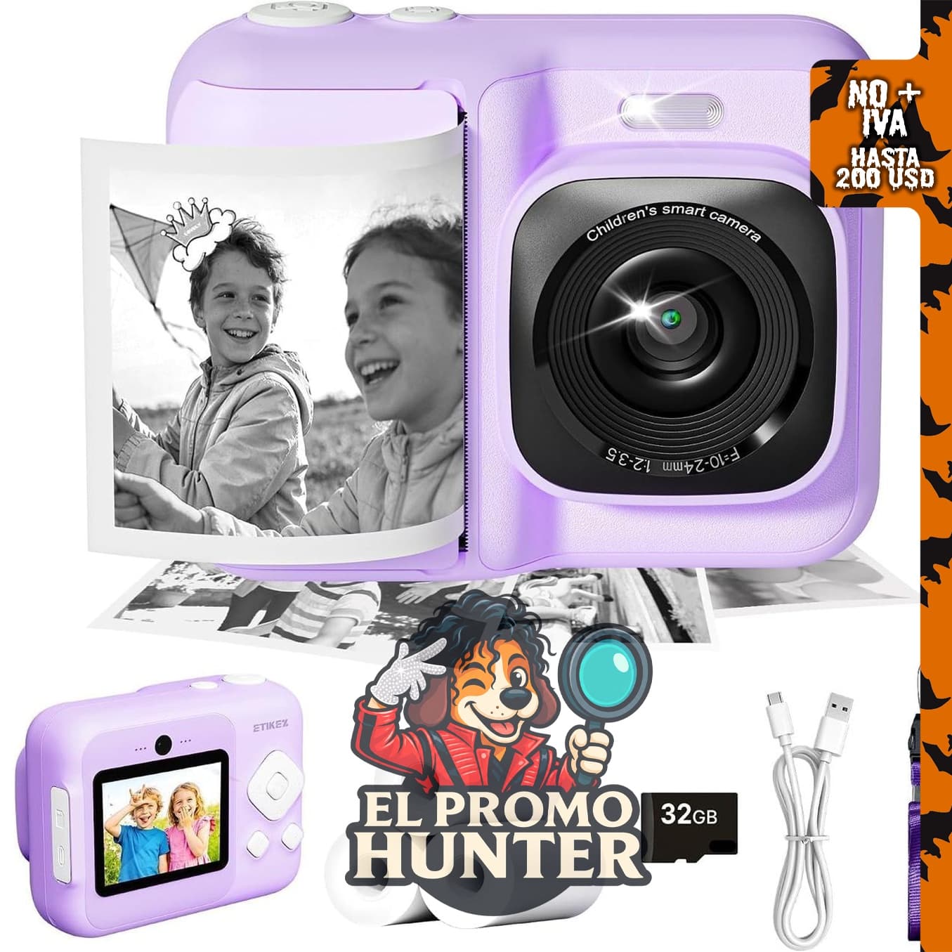 Cámara de impresión instantánea para niños, 1080P con tarjeta de 32 GB.