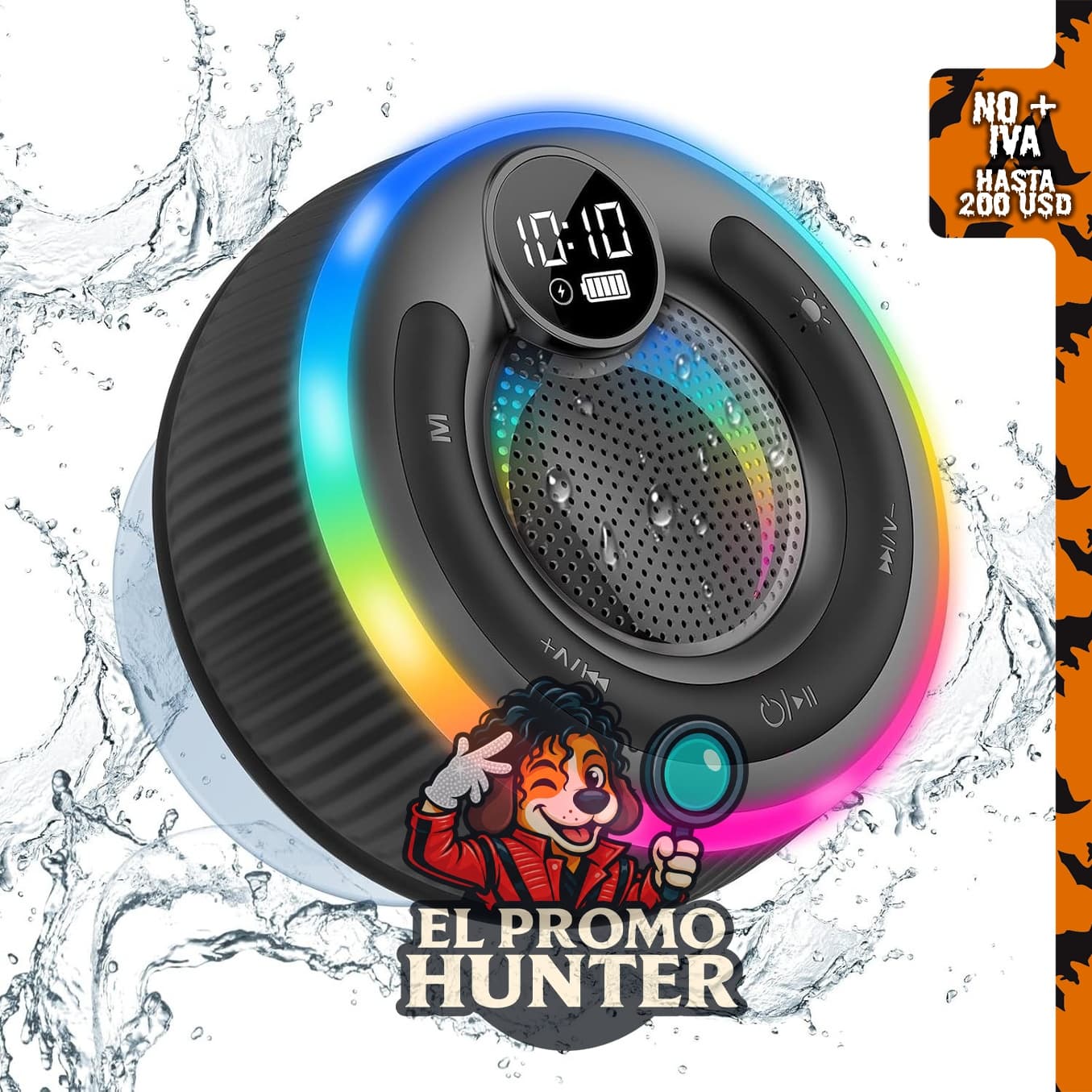 Altavoz Bluetooth impermeable IPX7 con sonido estéreo y pantalla digital.