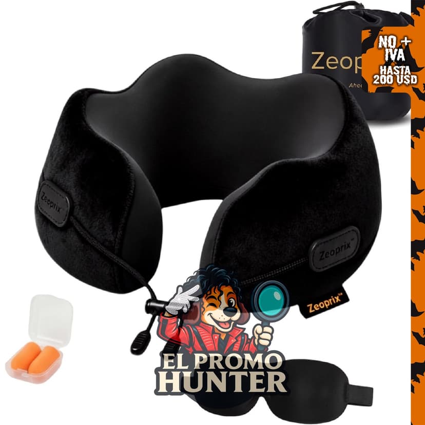 Almohada de viaje de espuma viscoelástica, color negro, tamaño estándar.