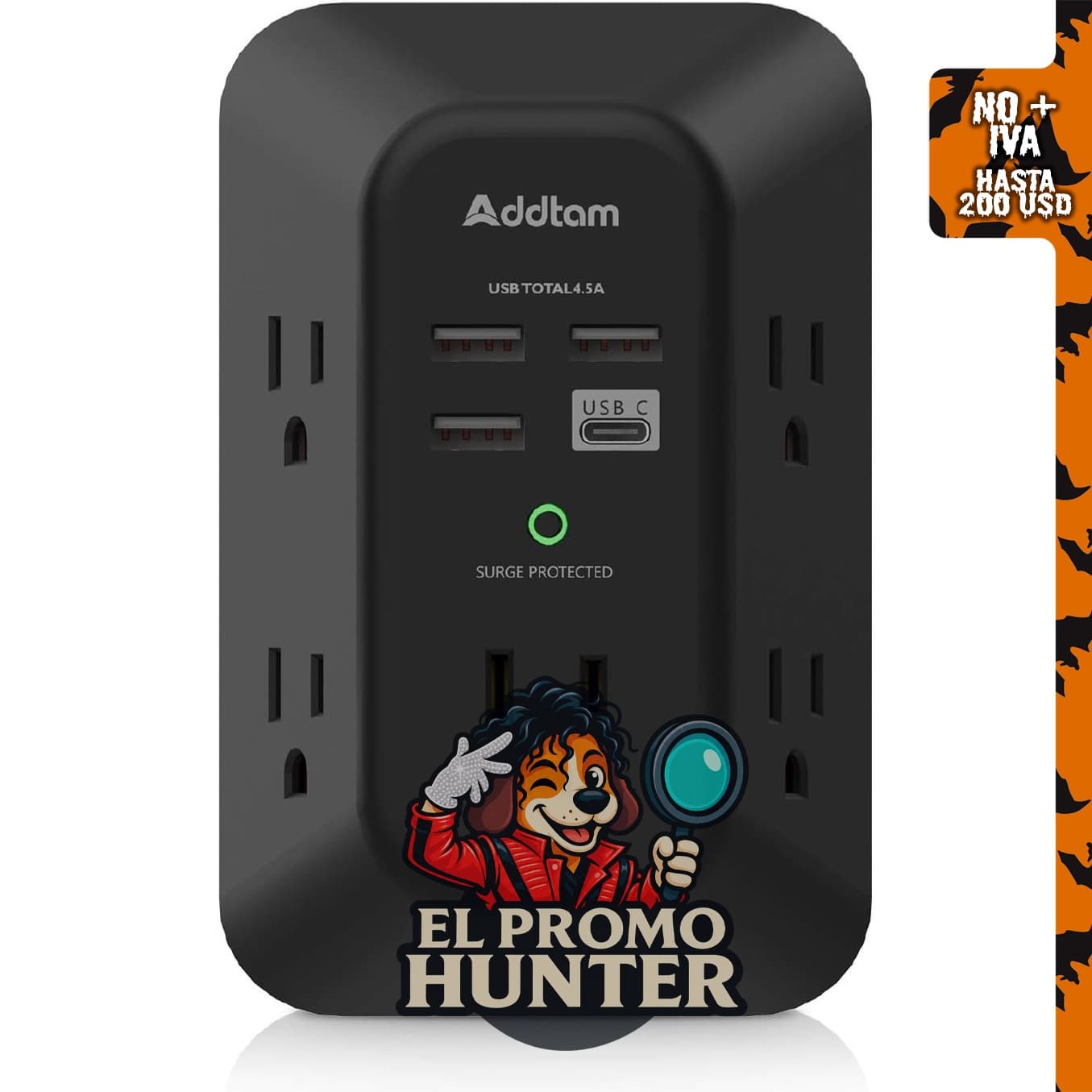 Addtam protector contra sobretensiones, extensor de tomas.
