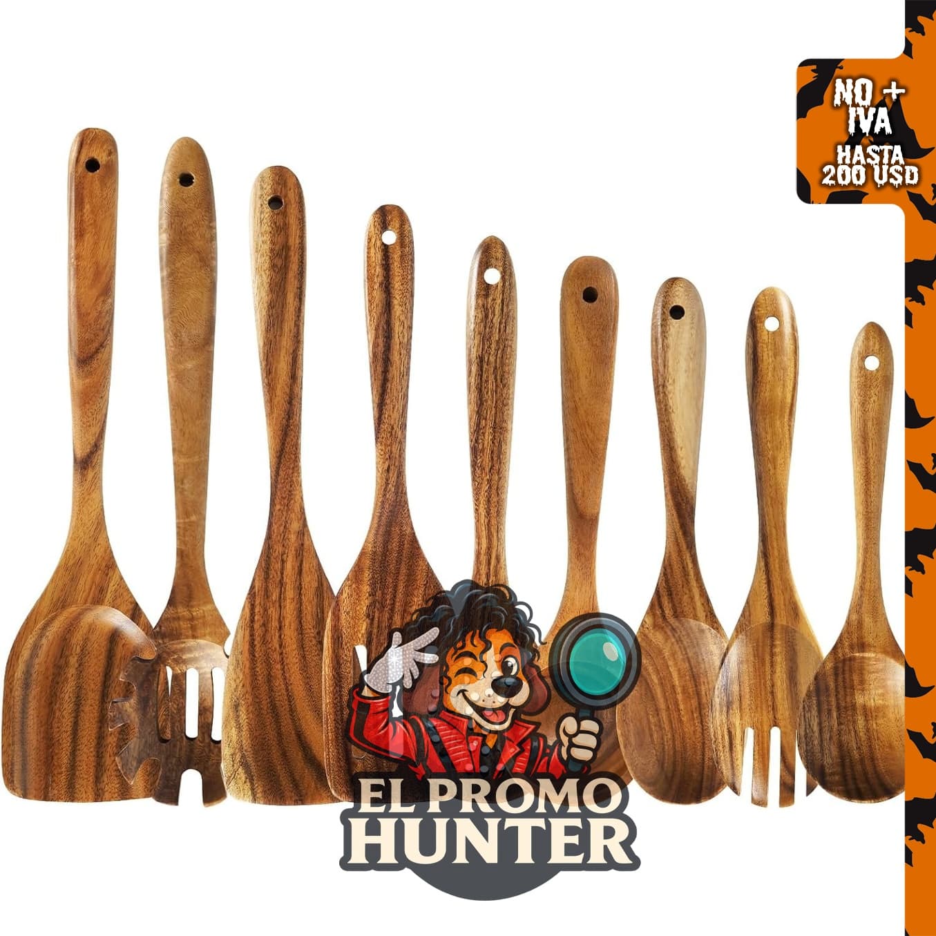 Juego de utensilios de madera de teca de 9 piezas, resistente al calor y antiadherente.