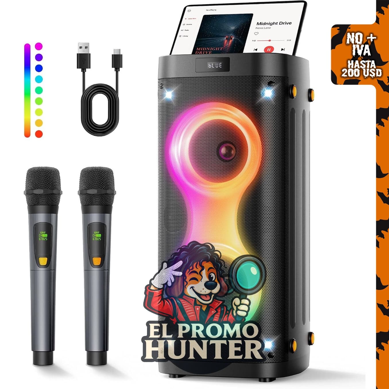 Altavoz Bluetooth TrompFox para fiestas con 2 micrófonos inalámbricos.
