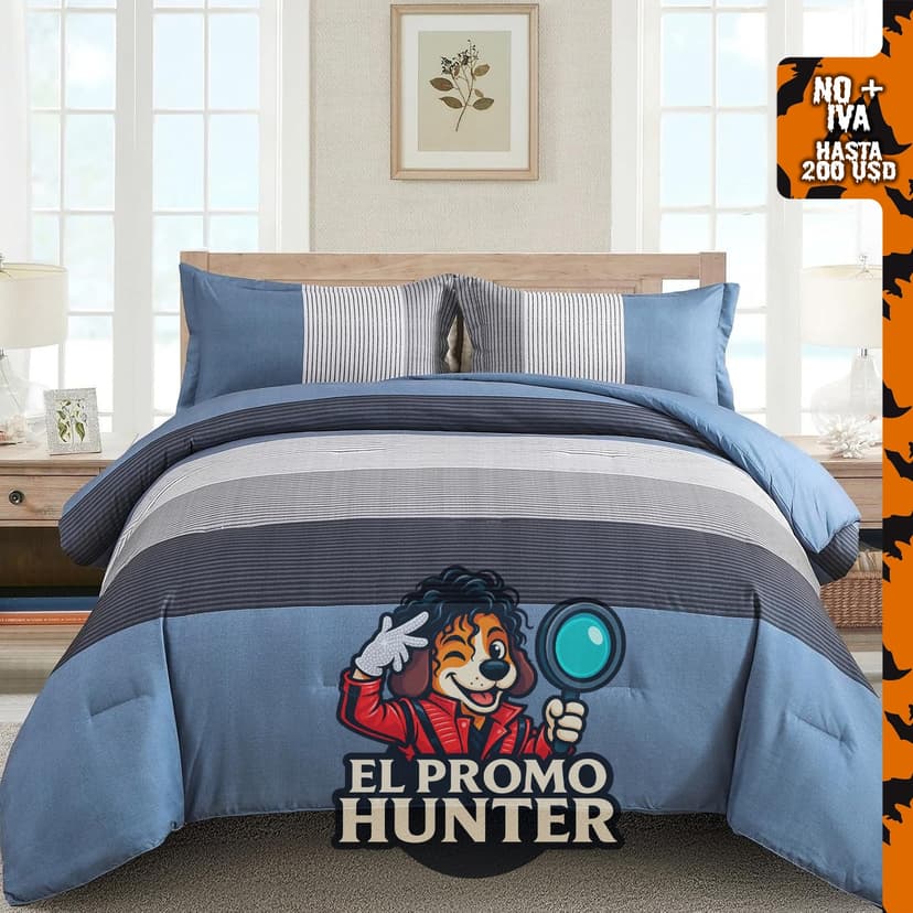 WONGS BEDDING Juego de edredón tamaño Queen, reversible, rayas azules y grises, 3 piezas, microfibra suave, 90 x 90 pulgadas.