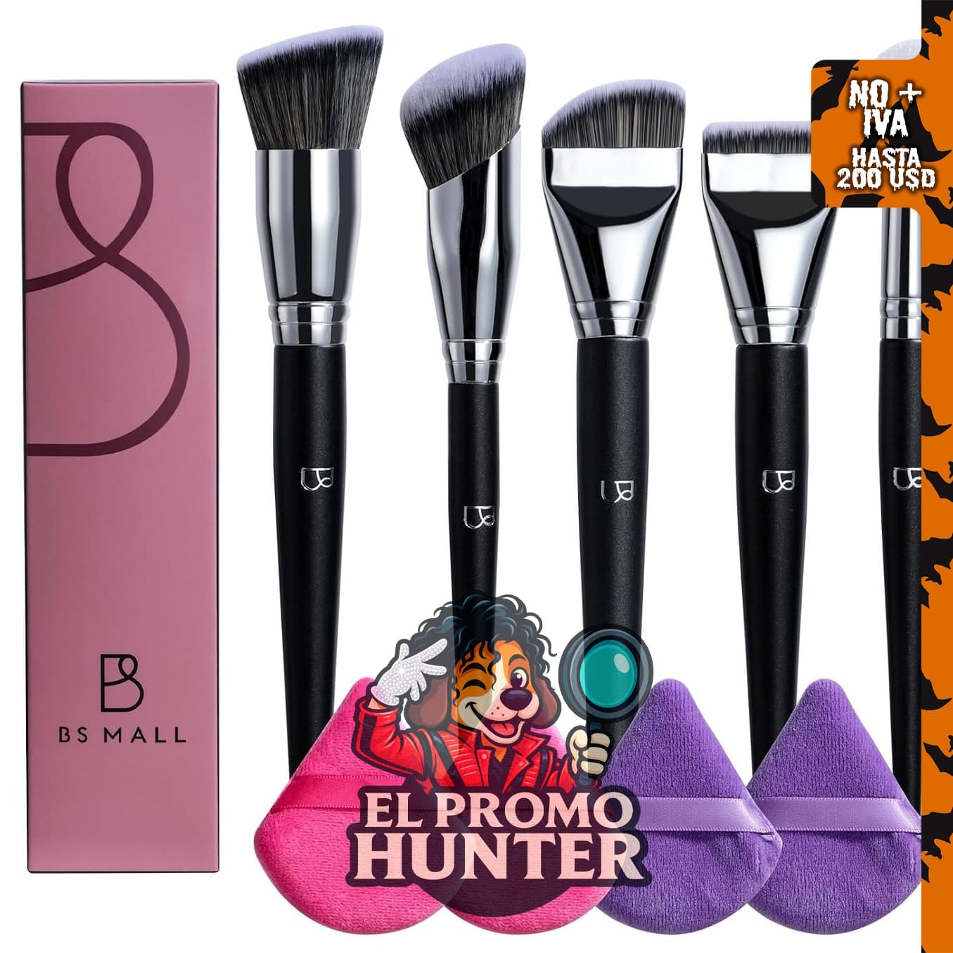 Juego de 5 brochas de maquillaje profesional con 4 esponjas triangulares.