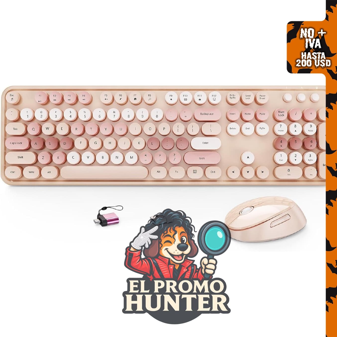 Combo de teclado y mouse inalámbricos HotFox, teclado retro de tamaño completo con teclas redondas.