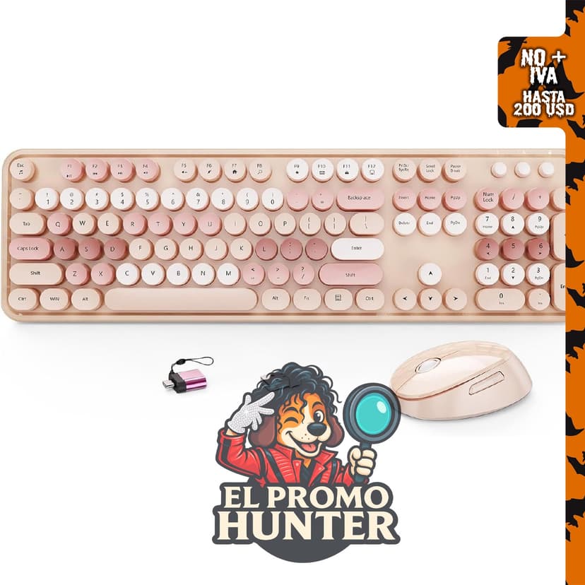 Combo de teclado y mouse inalámbricos HotFox, teclado retro de tamaño completo con teclas redondas.