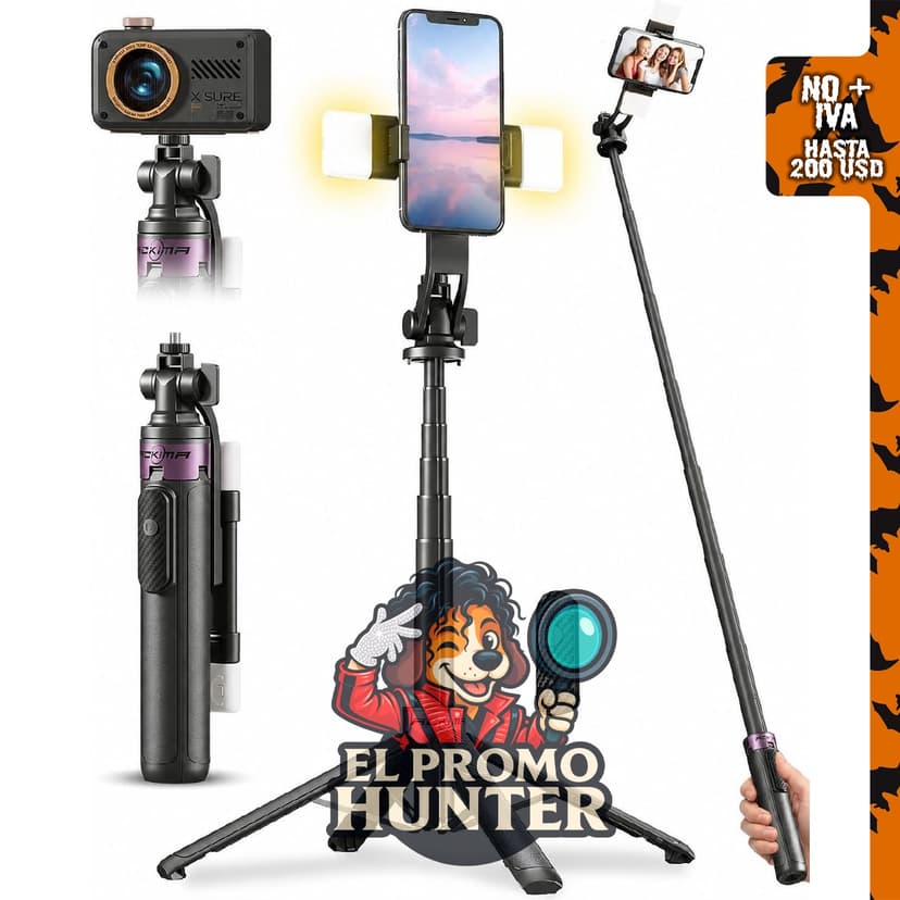 Trípode para selfie stick de 135 cm con luz, soporte para teléfono celular y control remoto inalámbrico.